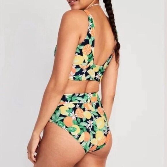 Old Navy Bikini Set Citrus Fruit Print High Waist Bottom Scoop Back Top Size XL - Picture 3 of 15